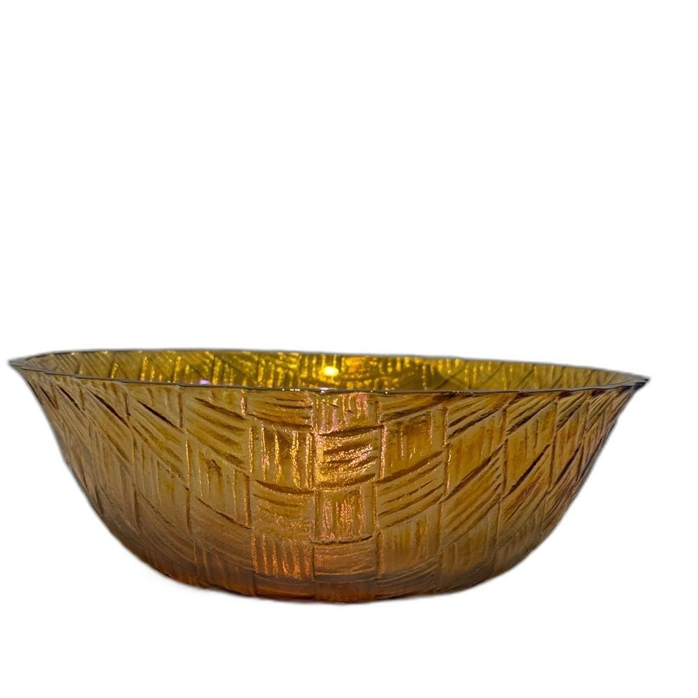 Vintage Indiana Glass Basketweave Bowl Marigold Carnival Glass Iridescent 12"